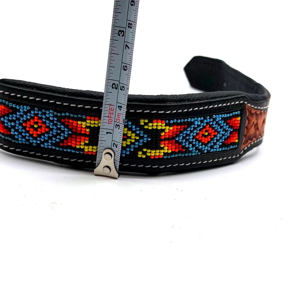 Myra Dodger Trail Dog Collar Black Leather Beaded Tooled Southwestern Small